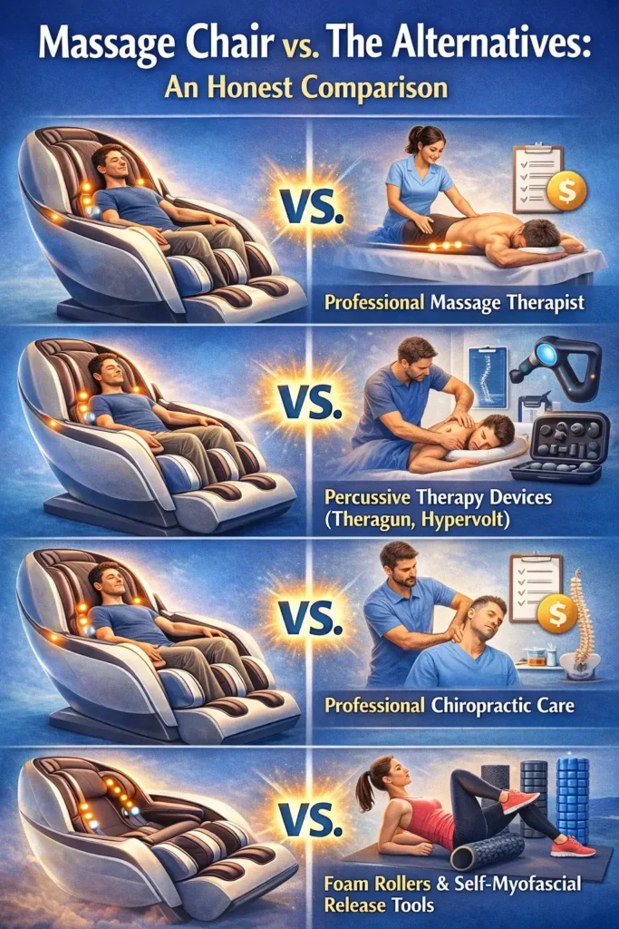 Is a Massage Chair Worth Buying? Expert Guide 5 Massage Chair vs. The Alternatives: An Honest Comparison
Before committing to a massage chair, it is worth honestly comparing it to the alternatives that compete for the same dollars and the same wellness goals.