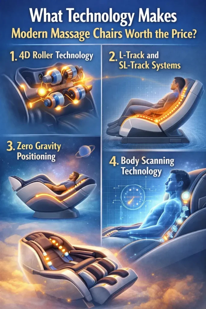 Is a Massage Chair Worth Buying? Expert Guide 4 What Technology Makes Modern Massage Chairs Worth the Price?
4D Roller Technology
2D rollers move in a fixed vertical and horizontal plane. 3D rollers add depth — the ability to protrude further into muscle tissue for deeper pressure.
4D rollers add dynamic speed variation within each movement cycle, creating a rhythm and variation that closely mimics the feel of human hands.
The difference is palpable: a 4D massage session feels organic and responsive; a 2D session feels mechanical and repetitive. For serious therapeutic users, 4D is the meaningful minimum worth investing in.
L-Track and SL-Track Systems
Early massage chairs used S-track rail systems that followed the natural S-curve of the spine — stopping at the lumbar region.
L-track systems extend the roller path through the lumbar spine and beneath the seat to the glutes and upper hamstrings.
This is not a minor addition: the gluteal muscles and the posterior hip complex are among the most chronically tight tissue groups in the modern sedentary population, and they are entirely inaccessible to S-track chairs.
SL-track systems combine both designs for comprehensive coverage from the cervical spine to the hamstrings.
Zero Gravity Positioning
Originally developed by NASA to distribute astronauts' body weight evenly during launch, zero-gravity positioning in massage chairs reclines the user until the legs are elevated above the heart.
This posture achieves three simultaneous benefits: it removes compressive load from the lumbar spine, facilitates venous blood return from the lower extremities to the heart, and allows the chair's rollers to apply pressure more deeply into back tissue because the user's body weight is pressing into the chair rather than away from it.
Body Scanning Technology
A massage chair that applies the same pressure at the same points regardless of the user's height, shoulder width, or spinal curvature is a chair that will work well for some body types and poorly for others.
Body scanning technology — standard in mid-range and premium chairs — uses sensors to map the user's specific anatomical measurements before each session, then calibrates roller position, pressure distribution, and program emphasis accordingly.
For multi-user households, this means every family member receives a properly fitted massage rather than a one-size-fits-all approximation.