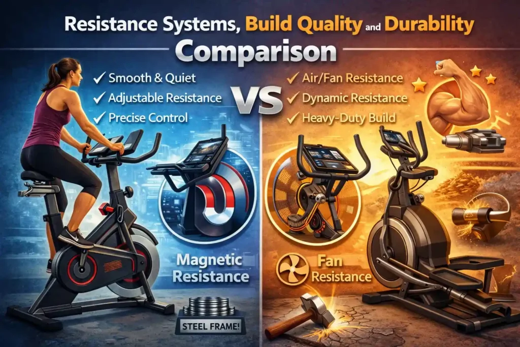 Bowflex vs NordicTrack Elliptical: The Complete 2026 Comparison 4 Resistance Systems, Build Quality, and Durability
Resistance Technology
Both brands use magnetic resistance systems, but with different approaches.
The Bowflex M9 uses a hybrid of magnetic and air resistance, providing smooth, near-silent resistance that requires virtually no maintenance compared to older friction-based or flywheel systems.
The M6 uses pure magnetic resistance with 16 levels, while the M9 and Max Total 16 offer 20 levels.
NordicTrack's SMR (Silent Magnetic Resistance) technology delivers whisper-quiet performance across 20 to 26 levels of digitally controlled resistance.
On iFIT-connected models, trainers can auto-adjust resistance mid-workout — a dynamic feature that eliminates manual button-pressing and keeps the workout experience fully immersive.
Build Quality and Frame
NordicTrack machines are generally heavier and built for more stationary, long-term use. The flagship X16 weighs 289 lbs — a machine that does not move easily but also does not budge during the most intense intervals. Its steel frame and 375 lb user weight capacity reflect commercial-grade construction standards.
Bowflex Max Trainers are lighter (the M9 weighs about 149 lbs) and designed with portability in mind, featuring front transport wheels and a compact footprint. The trade-off is that the lighter build can feel slightly less rigid at very high intensities compared to heavier NordicTrack models.
Noise Level
Both brands score well on noise, which is a genuine concern for apartment users and shared living situations. Bowflex's magnetic-air hybrid resistance is exceptionally quiet. NordicTrack's SMR system is similarly low-noise, and the brand's marketing of "silent" resistance is well-supported by user reviews.