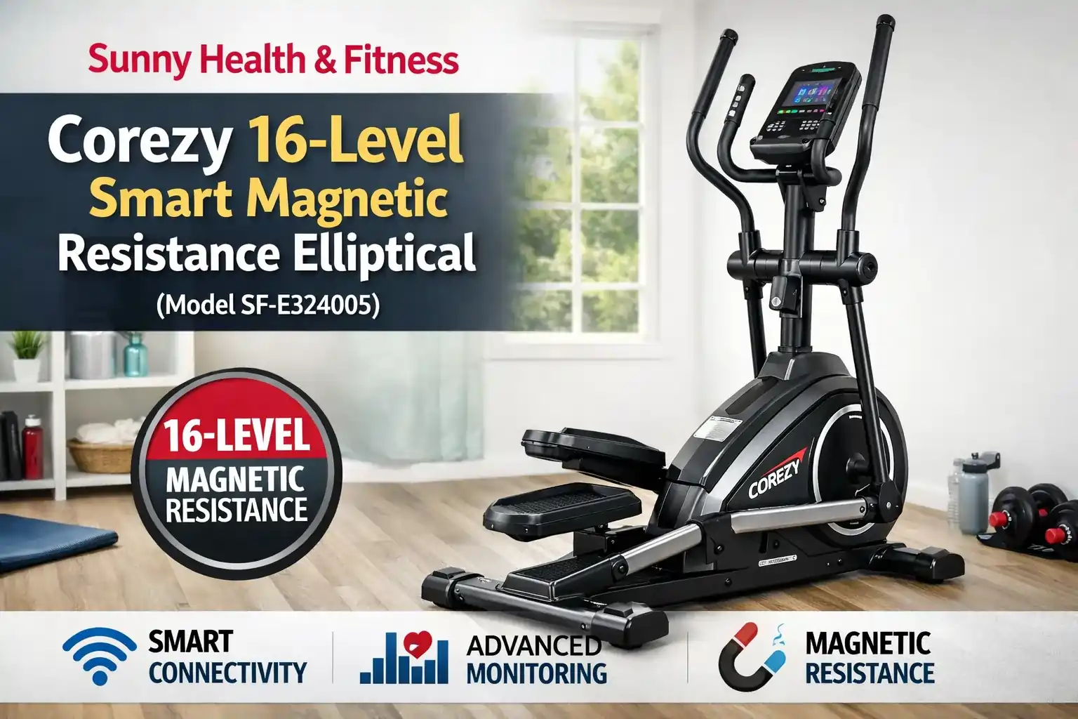 Home 1 Sunny Health & Fitness Corezy 16-Level Smart Magnetic Resistance Elliptical (Model SF-E324005) Quick Verdict: The Corezy SF-E324005 is a feature-rich, ultra-quiet compact elliptical that punches well above its price class. With 16-level magnetic resistance, a free SunnyFit app ecosystem, bi-directional pedal motion, built-in pulse sensors, and micro-adjustable floor stabilizers, it is one of the most complete entry-level smart ellipticals available in 2025. Its 12" stride is its only meaningful limitation — ideal for users up to approximately 5'10", and a consideration for taller buyers.