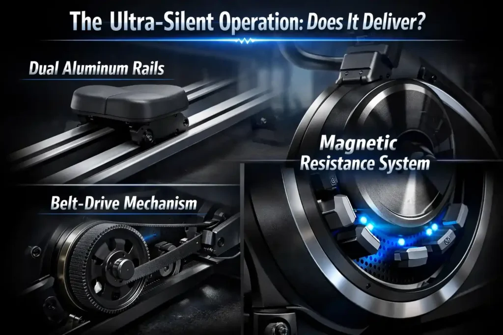 Sunny Health & Fitness Ultra Silent Smart Elliptical Exerciser (SF-E323038) Review 4 The Ultra-Silent Operation: Does It Deliver?
The product's headline claim is ultra-silent operation — and it largely backs this up through engineering rather than marketing. Three distinct design elements work in combination to suppress noise:
Dual Aluminum Rails: The twin-rail system distributes your body weight evenly across two smooth aluminum glide tracks rather than a single center rail. This eliminates the lateral flex that causes creaking and wobbling on cheaper single-rail designs, producing a noticeably smoother and quieter glide motion.
Belt-Drive Mechanism: Unlike chain-drive or friction-resistance ellipticals that generate mechanical clicking and grinding, the SF-E323038 uses a belt-drive system that operates in near-total silence. There is no metal-on-metal contact during operation.
Magnetic Resistance System: The 16-level magnetic resistance creates braking force through magnetic field variation rather than physical contact between components. This means zero friction-generated noise regardless of resistance level — a meaningful difference at higher intensities where friction systems tend to get noticeably louder.
The combined result is a machine quiet enough for early-morning or late-night workouts in shared living situations.
This is not a marketing claim unique to Sunny Health & Fitness — the dual-rail belt-drive magnetic combination is the industry standard for quiet home ellipticals, and the SF-E323038 executes it reliably.